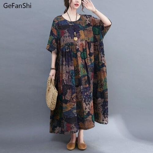 Fashion 2021 New Summer Women Dress Vintage Print Cotton Dress Casual Loose Half Sleeve O-Neck Elegant Office Lady Dresses