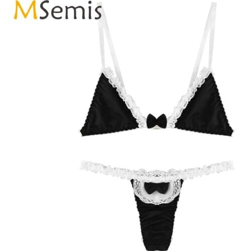 Women Lingerie Bra Panties Set Sexy Nightwear Sleepwear Bowknot Lace Trim Three-piece Bikini Set Swimwear Erotic Sexy Underwear