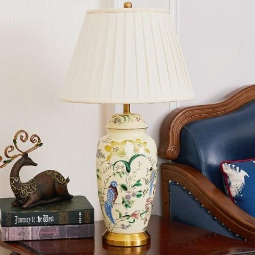 American Country Flower Bird Pattern Beige White Ceramic Table Lamp For Bedroom Bedside Lamp Living Room Study New Chinese Retro