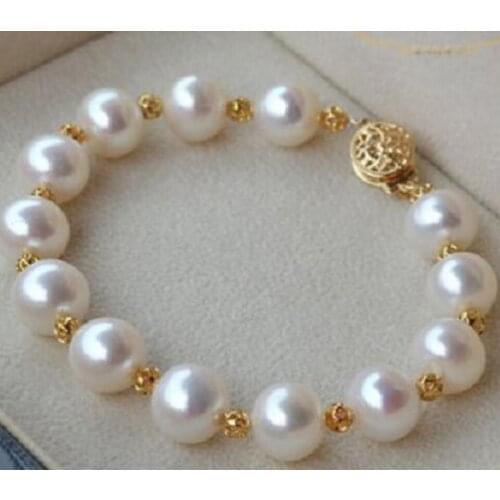 Free Shipping HUGE NATURAL 10-11MM ROUND SOUTH SEA GENUINE WHITE PEARL BRACELET GOLD CLASP