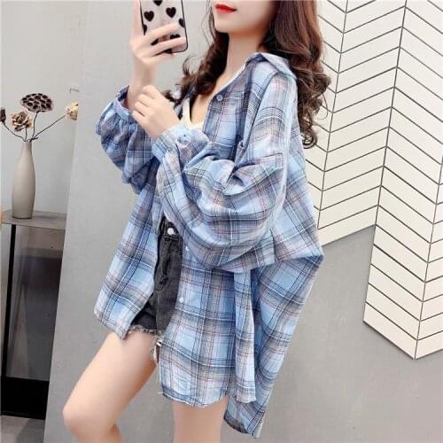 Blouse Women Shirt Plaid Womens Long-Sleeved Summer Shirt Baggy Coat Blusas Mujer De Moda