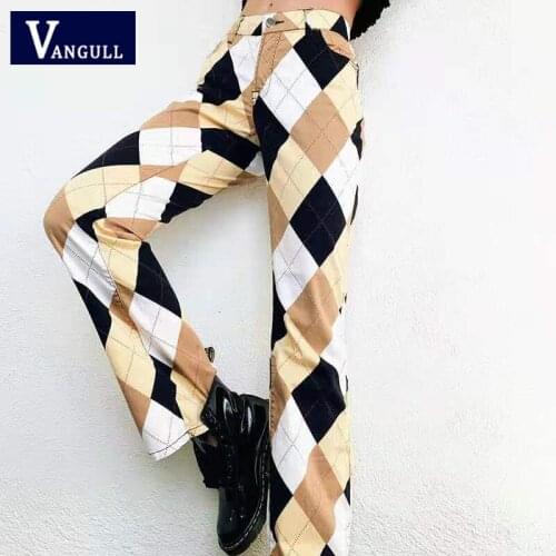 Vangull Plaid Contrast Printing Pants Women 2021 Spring Autumn High Waist Straight Long Pants Ins Casual Fashion Female Trousers