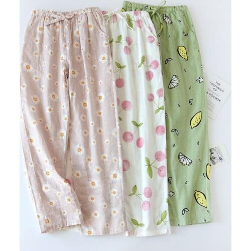 Spring and Summer Long Pants Female Cotton Gauze Double Thin Sleep Pants Bottoms Casual Print pajamas Long Trouser Home Pants