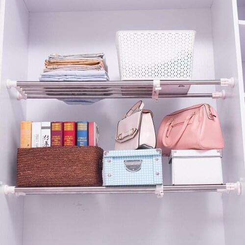 BYN 69-91.5cm 2 Poles Expandable Closet Organization Storage Rack Nail Free Wall Mounted Cupboard Layered Board DQ0778-10