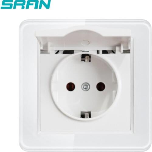 SRAN EU power socket with waterproof cover white/green 82*82mm Glass or PC panel AC 110~250V 16A wall socket eu