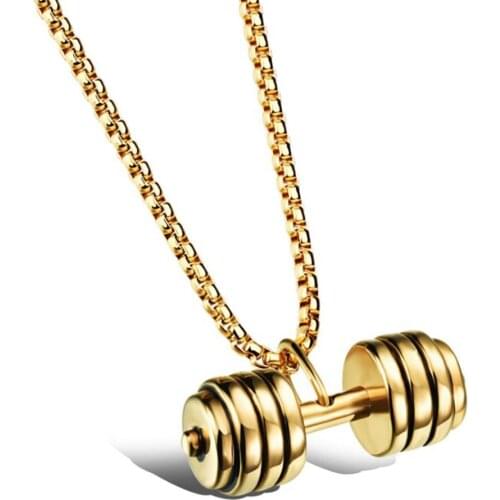 Stainless Steel Dumbbell Barbell Men Punk Rock Gold Bodybuilding Pendant Necklace Jewelry Gift For Him with Chain