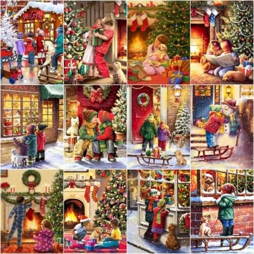 GATYZTORY Picture By Numbers Children Play Christmas Landscape Drawing On Canvas Oil Painting By Number Gift Handpainted Home De