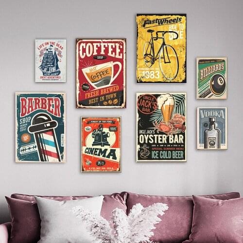 Cinema Coffee Cycling Motorbike Poster Print Americana Diner Canvas Painting Retro Style Art Bar Gifts Home Decor Wall Pictures