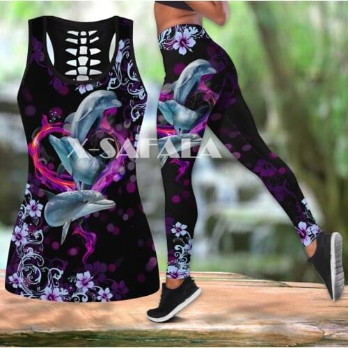 Love Dolphin Ocean Animal Two Piece Yoga Set Women 3D Print Vest Hollow Out Tank Top High Waist Legging Summer Casual Sport
