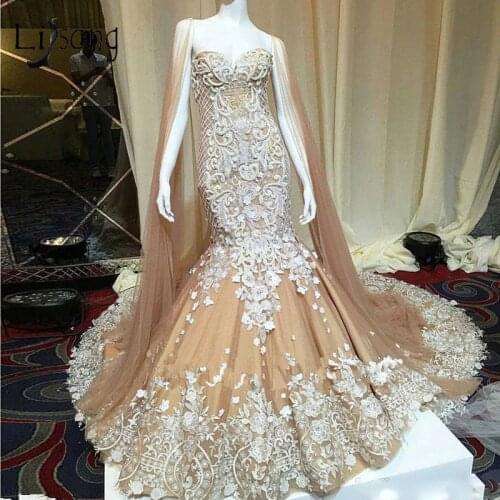 Dubai Champagne Lace Mermaid Wedding Dresses With Cloak Luxury Illusion Back Beaded Bridal Gowns Abiye Vestido De Noiva