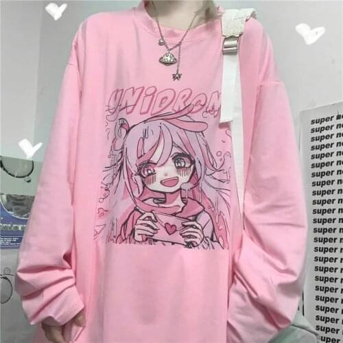Japanese summer cute cartoon print long sleeve women t shirt harajuku girl pink aesthetic oversized clothes t-shirt women 2021