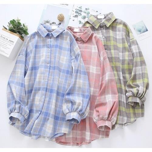 JMPRS Cute Pink Women Long Plaid Shirts Fashion Autumn Puff Sleeve Oversize Loose Korean Designed Casual Button Up Ladies Tops
