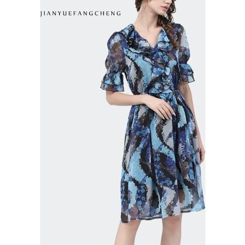 Fashion Blue Green Chiffon Printed Women Dress 2021 Summer New Short Sleeve Ruffles V-Neck Defined Waist Clothing Plus Size