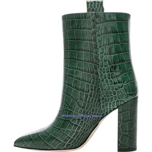 Fashion Women Crocodile Printed Leather Chunky Heel Boots Sexy High Heels Short Booties Pointed Toe Shoes Chaussure Femmes Botas