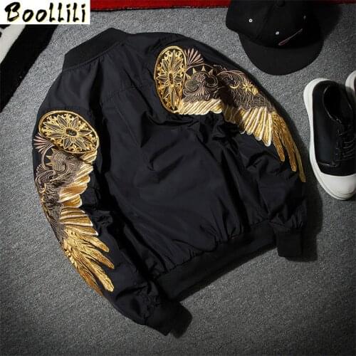 Mens Autumn Jacket Embroidery Gold Eagle Wings Stand Collar Bomber Jacket Fashion Outwear Mens Coat Bomb Brand New