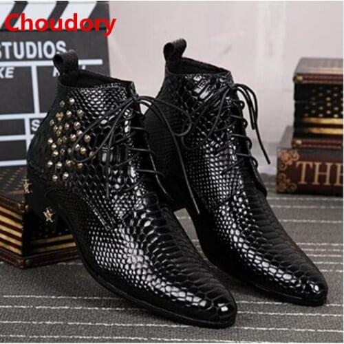 Plus Size 2021 Leather Men Ankle Boots High Heel Men Cowboy Shoes Metal Tip Studded lace up python skin punk boots winter