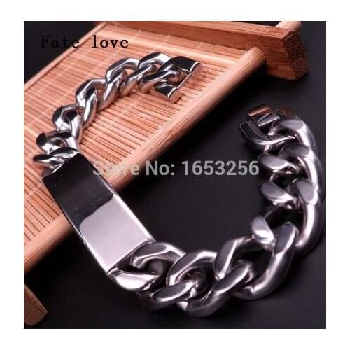 Fate Love 77g weight High Quality 316L Stainless Steel Mens Biker Curb Chain ID Bracelet Bangle Jewlery 15mm 9 inch