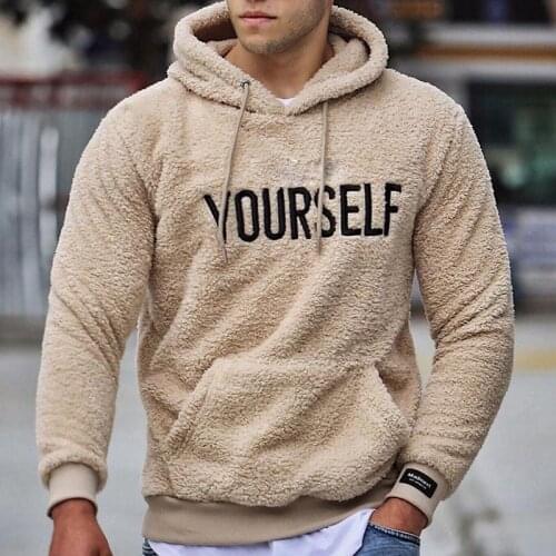 2021 Autumn Winter New Men Woolly Oversized Hoodie Embroidered Pocket Solid Cashmere Clothing Long Sleeve Warm Fleece Hoodie