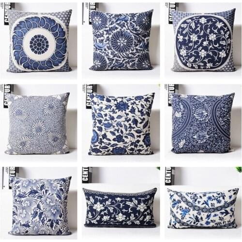 Drop Ship Linen Cotton Pillow Cover Chinese Art Blue Geometric Cushion Cover Home Decorative Pillow Case 45x45cm/30x50cm