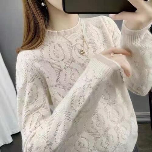 Pullover Thin Section Ladies Spring Autumn Casual O-neck Basis Bottoming Sweater Loose Hollow Lace Inside Outside Knit Sweater