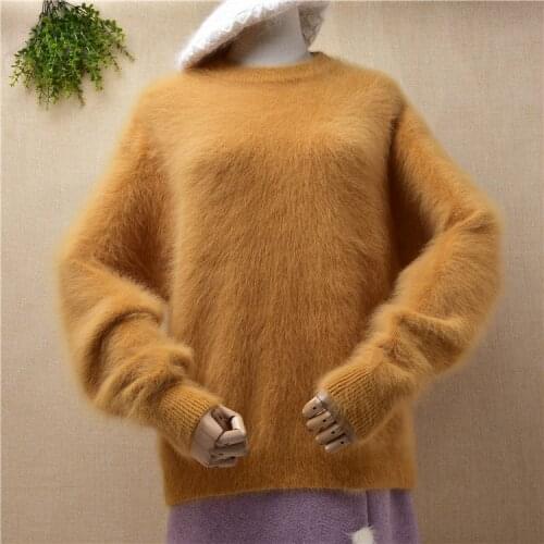 Ladies women fashion hairy plush mink cashmere knitted long sleeves loose pullover angora rabbit hair winter jumper sweater pull