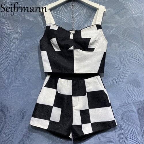 Seifrmann New 2021 Summer Women Fashion Runway Shorts Set Sexy Short Cami + High Waist Colorblock Print Shorts 2 Two Pieces Suit