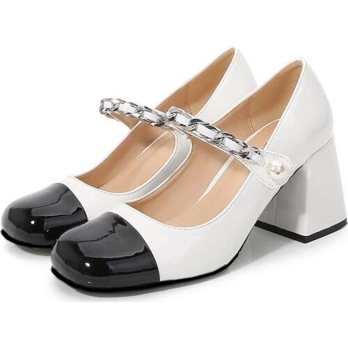 Womens Patent Leather Shoes New Fashion Square Toe Retro Shoes Thick Color Matching Chain High Heels Shoes