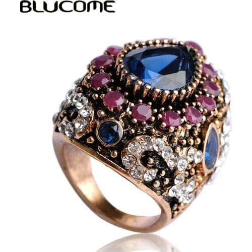 Blucome Turkish Big Size Rings Blue Vintage Women Jewelry Anel Anillo Turco Anies Femininos Antique Gold Color Finger Bijoux