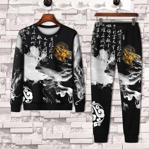 Spring and Autumn New Molong Long Sleeve Sweater + Dragon Pants 2-piece Fashion Sports 3D Printing Suit Mens Clothes