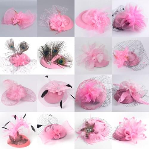 16design Women Lady Pink Handmade Pillbox Hat Veil Lace Flower Bowknot Burlesque Party Fascinator Hair Piece Clip Accessory