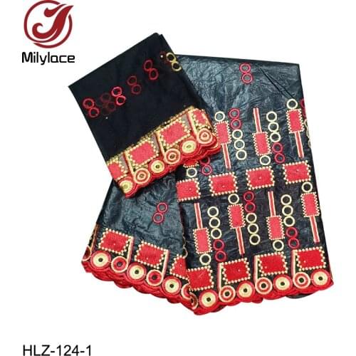 High Quality African Bazin Cotton Fabric with Net Lace Fabric Beautiful Embroidered Beaded Flower Guinea for Dress HLZ-124