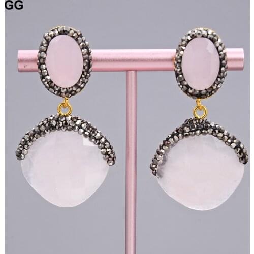 GuaiGuai Jewelry Natural Rose Quartzs Crystal Black Crystal CZ Pave Earrings