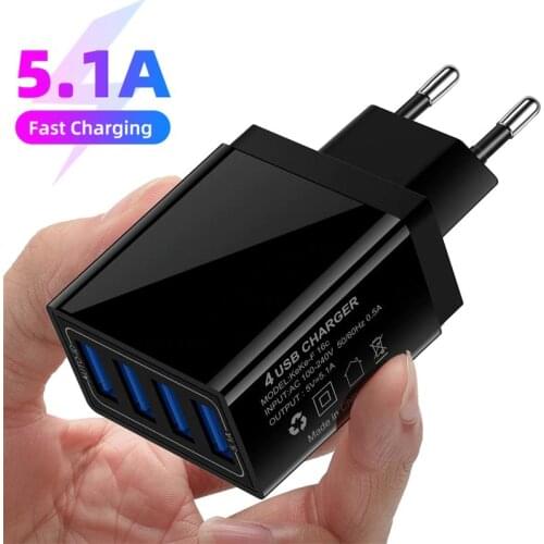 4 Ports USB Charger 5.1A Fast Charging Phone Charge Adapter EU/US Wall Charger For iphone 11 X XS XR Max Samsung Huawei Xiaomi