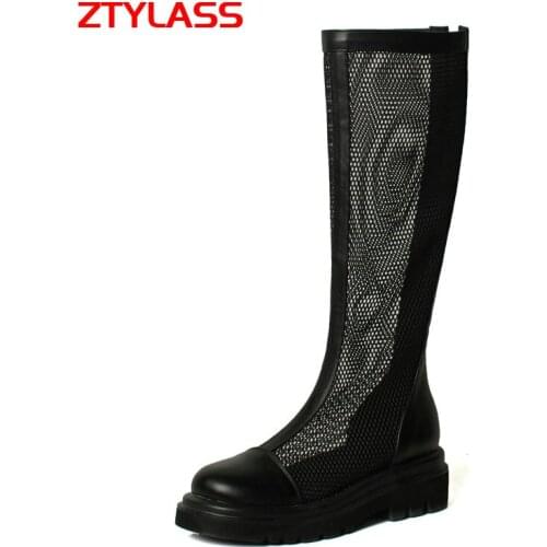 Fashion Zipper Women Knee High Boots Thick High Heel Hollow Mesh Boots Spring Summer Round Toe Platform Shoes Woman Black White