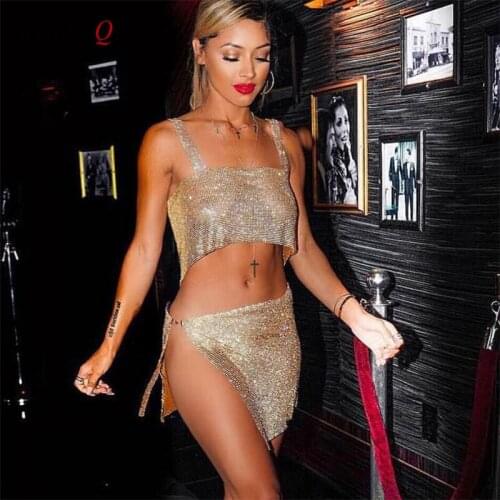 2019 Handmade Backless Crystal Metal Mesh Dress Chain Halter Rhinestone Split Hip Birthday Party 2 piece Tank Dress