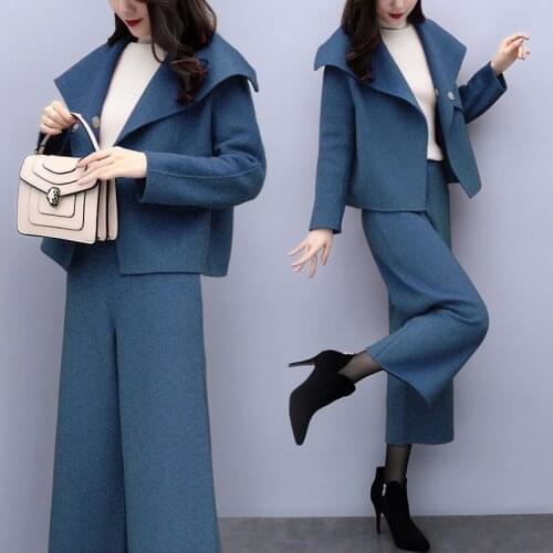 Womens suit autumn new fashion lapel short coat wide leg pants cropped pants casual fashion suit two-piece temperament
