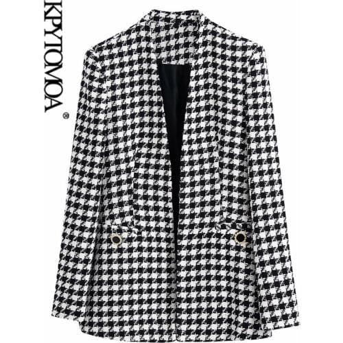 KPYTOMOA Women 2021 Fashion Tweed Houndstooth Blazer Coat Vintage Long Sleeve Welt Pockets Female Outerwear Chic Veste