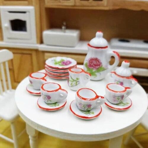 15Pcs/set 1:12 Dollhouse Miniature Tableware Porcelain Ceramic Tea Cup Plate