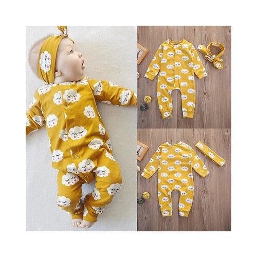 Hot Printed 2pcs Newborn Unisex Baby Kids Girls Clothes One-Piece Jumpsuit Romper Headband Pullover Outfits Set 0-18M
