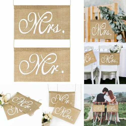 2pcs/set Burlap Mr. & Mrs. Chair Banner Rustic Vintage Hanging Chair Sign Flag for Wedding Party Romantic Photo Props Decoration