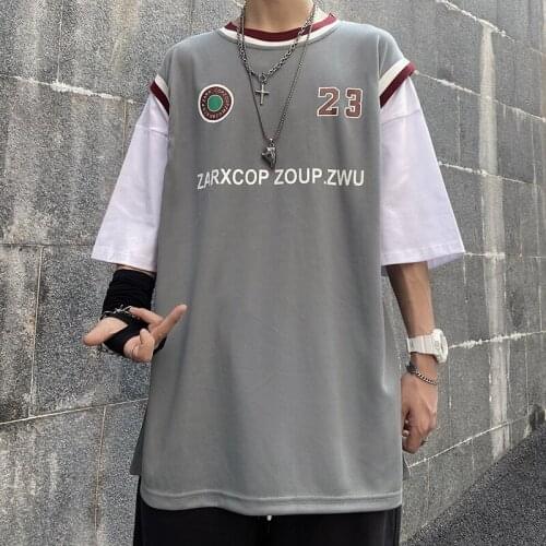 2021 New Hot Harajuku Patchwork Fake Two Pieces t-shirts O-Neck All-Match Panelled Short Slevees Clothes Hip Hop Men Streetwear