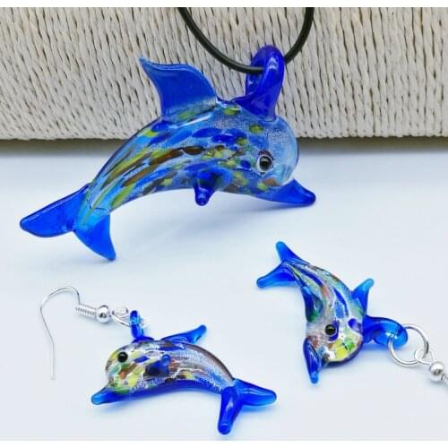 6SetS Navy blue Dolphin Lampwork Glass Murano Bead Necklace Earring FASHION