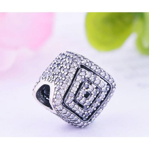 925 Sterling Silver Geometric Sqaure Circle Pave Zirconia Bead Fit Original Charm Bracelet For Making Jewelry Christmas Berloqu