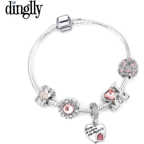 Dinglly Heart Home Is Where The Heart Is Charm Bracelets Silver Color L I Love MOM Beaded Bracelet & Bangles For Women Jewelry