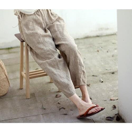 Pure linen jute yarn pants elastic waist loose quarter casual pants seat pants 0501