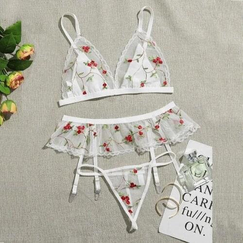 Sexy Lingerie Womens Bra Set Intimate Transparent Bralette+Open Crotch Thong Embroidered Underwear Set Sexy Mesh Erotic