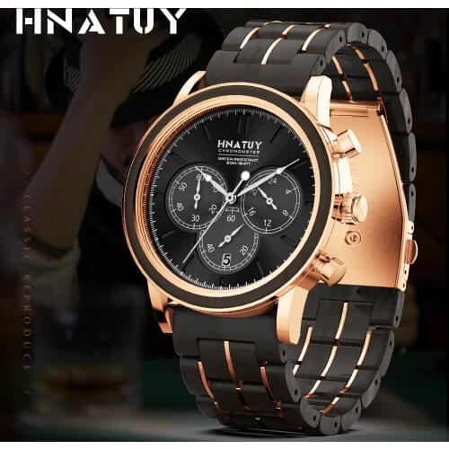 Hnatuy Mens Watches 5A TM Waterproof Wooden Watch Male Stainless Steel Top Brand Luxury Military Man Watch Leather Strap Gift