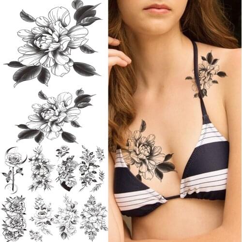 Black Dahlia Temporary Tattoos For Women Girls Adult Fake Rose Moon Pistol Realistic Tattoo Stickers Sexy Body Art Tatoo