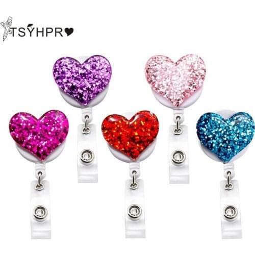 Bling Love heart-shaped retractable badge holder, ID card badge reel, with 360 Degrees crocodile rotating badge holder