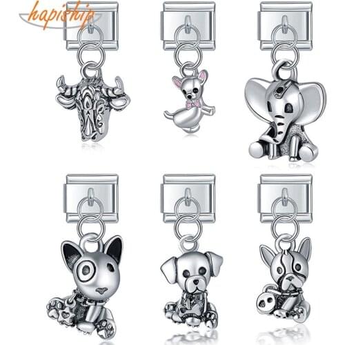 Hapiship 2021 Fashion Dog Cow Elephant Peacock Italian Links Charm Fit 9mm Bracelet Stainless Steel Jewelry DIY Making DJ281